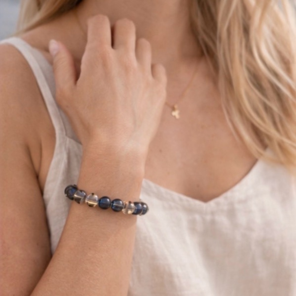 Artisan Blue Glass Bead Stretch Bracelet Coastal Boho Minimalist